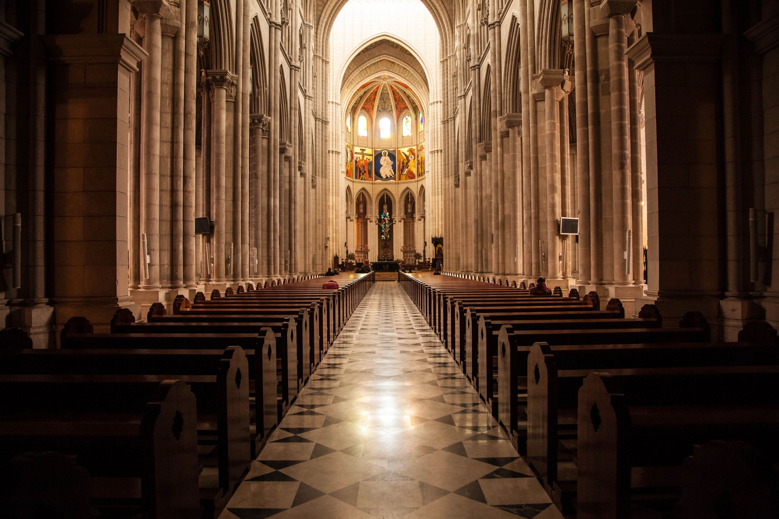 Quiet church interior with warm natural light